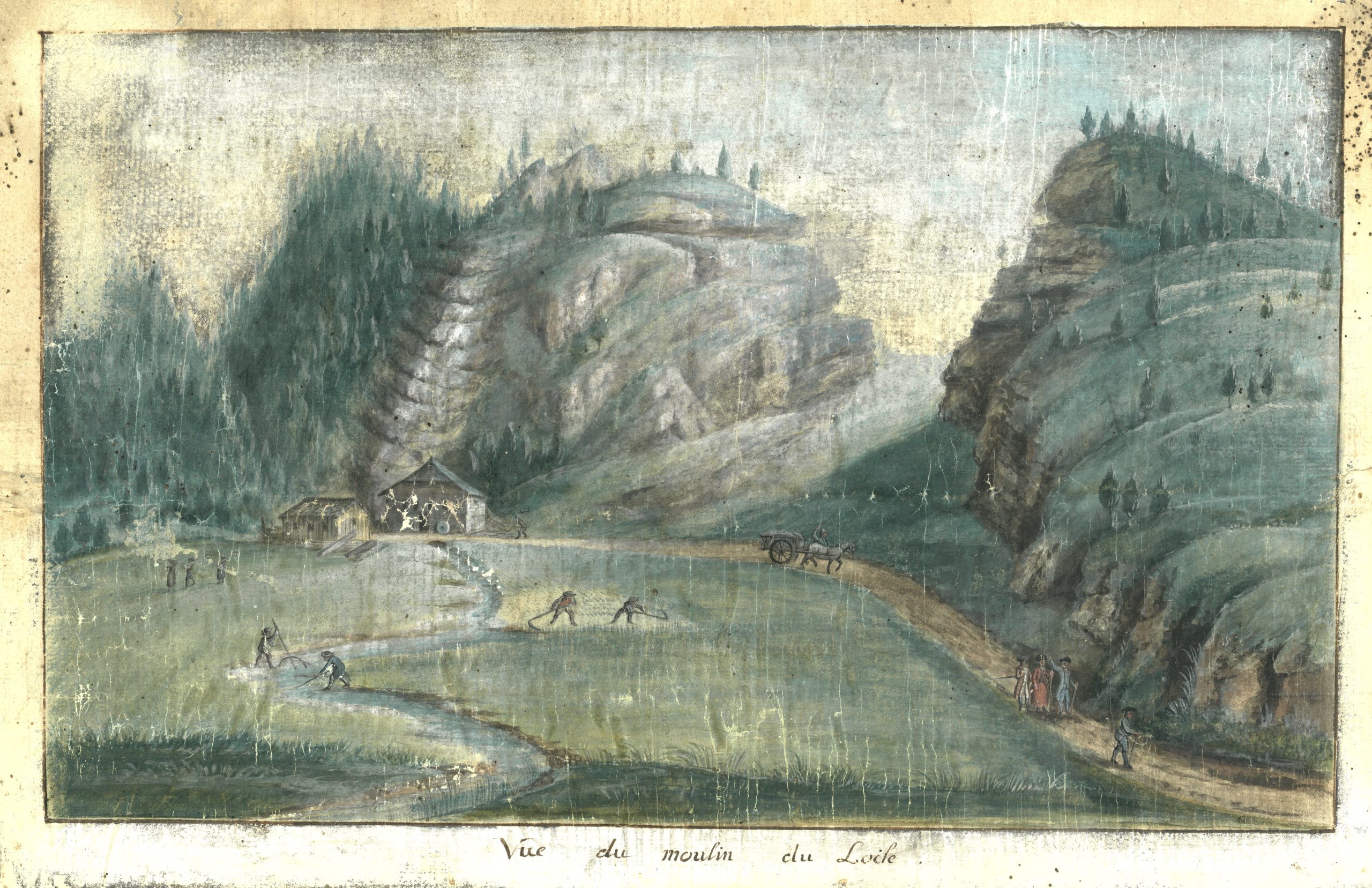 Vue du moulin du Locle, anonyme, aquarelle et gouache,   fin du XVIIe siécle, 37,4 x 21,4 cm